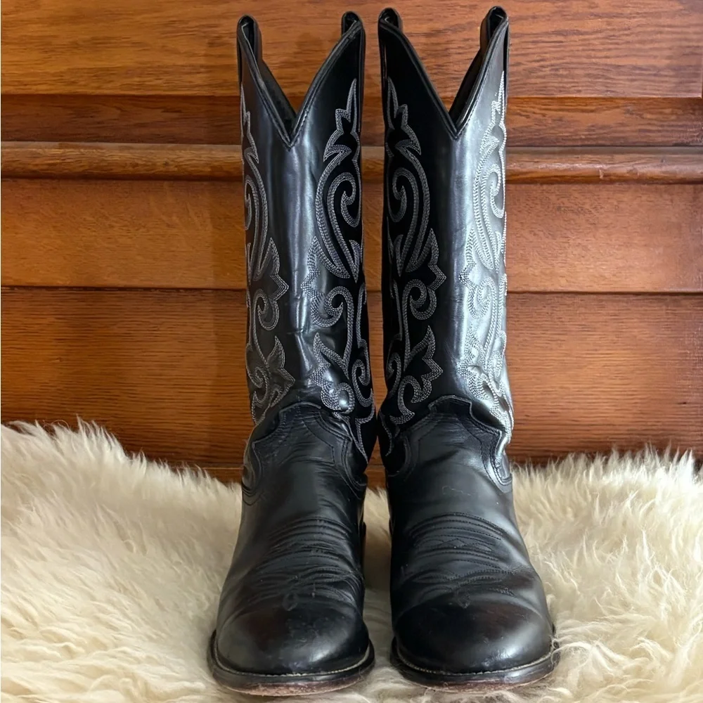Justin Men’s 1409 London Calf Western Black Leather Boots with Silver Embroidery